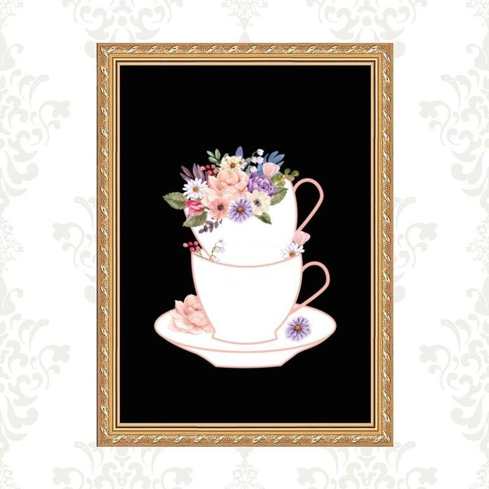 Quadro Moldura Dourada Xícara Flores 33X24Cm