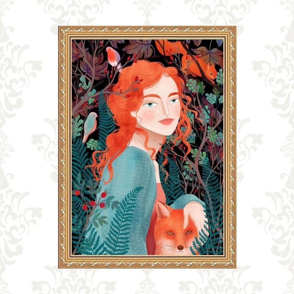 Quadro Moldura Dourada Ruiva Raposa 33X24Cm