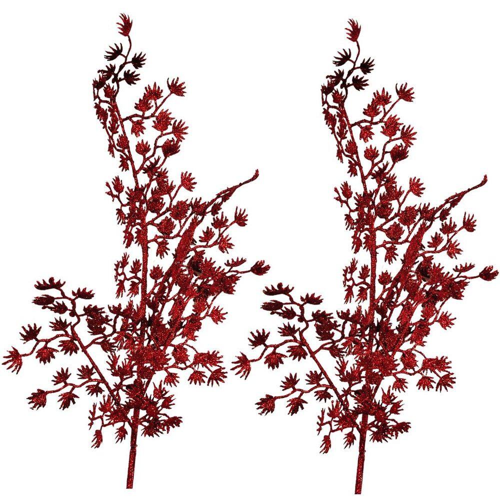 Jogo 2 Galhos Decorativo Natal Geada Glitter Vermelho Luxo 50cm - Bela Flor