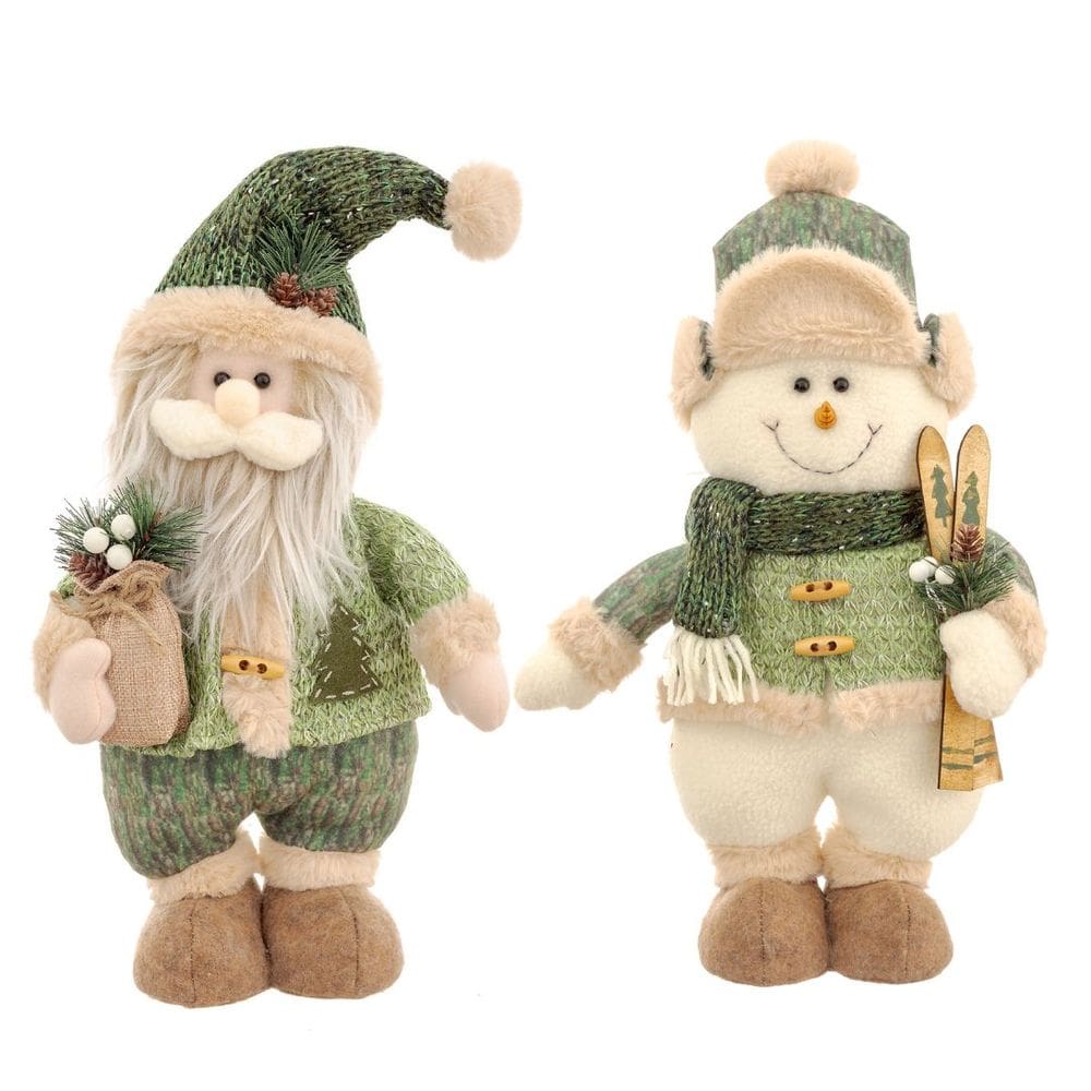 Jogo Papai Noel e Boneco de Neve Decor Pelúcia Luxo Crochê Creme e Verde - Bela Flor
