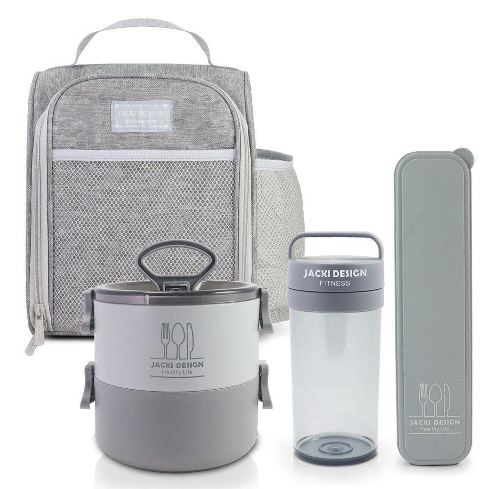 Conjunto Da Linha Joy Com Bolsa Térmica, Porta Talher, Pote De Marmita 2 Andares E Garrafa 430ml Cinza