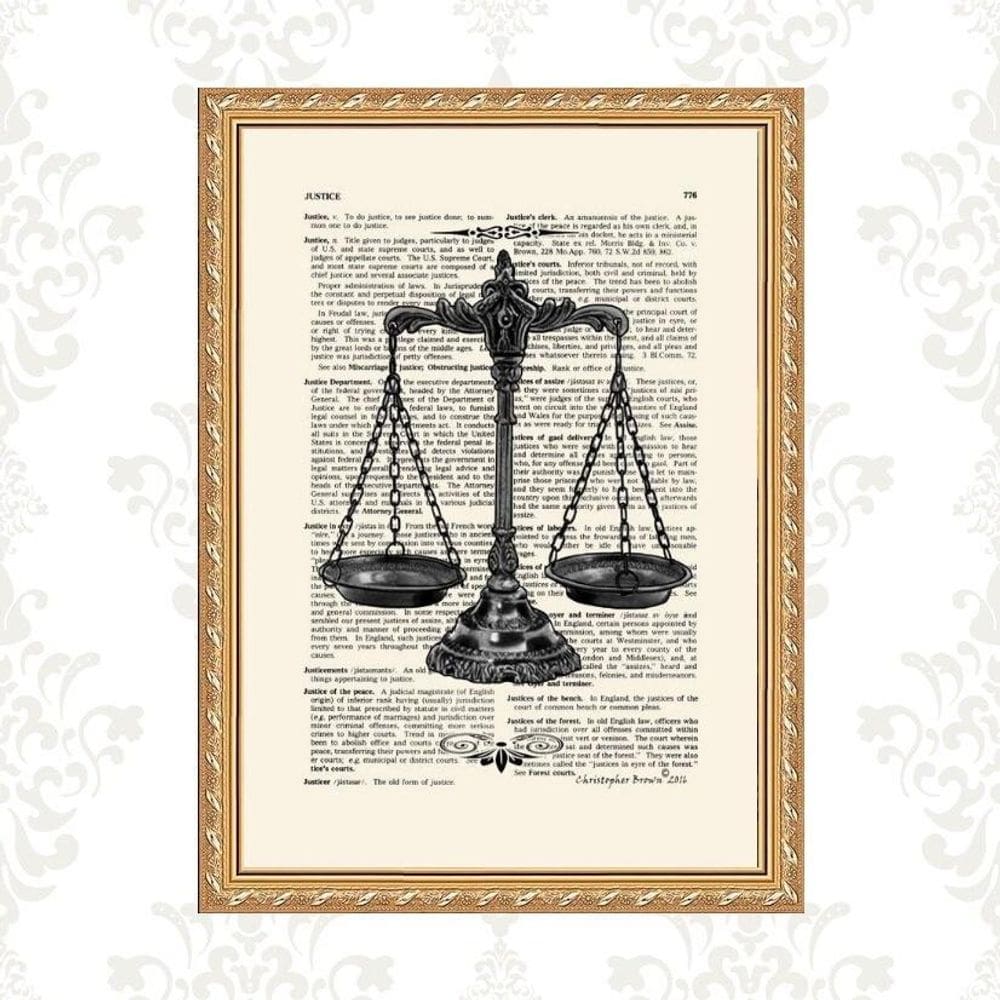 Quadro Moldura Dourada Balança Da Justiça 33X24Cm
