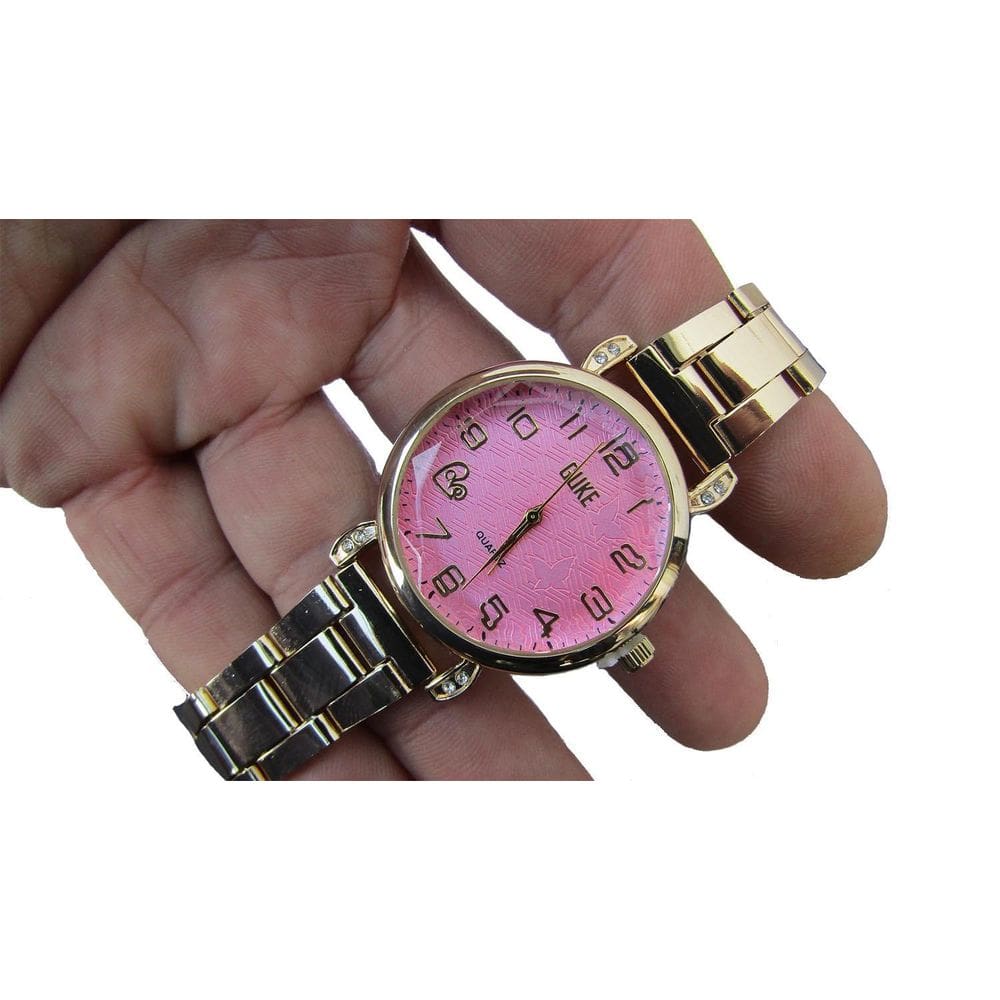 Relogio Feminino Fundo Rosa Com Pulseira Dourada