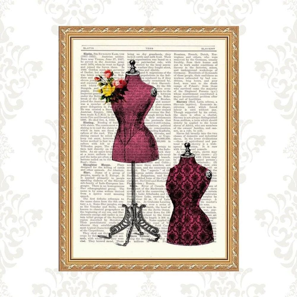 Quadro Moldura Dourada Manequins De Costura 24X18Cm