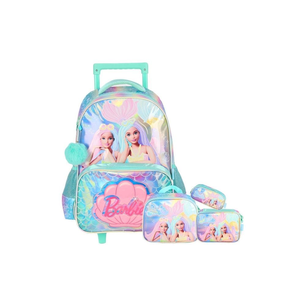 Kit Mochila Rodinha+Lancheira+Estojos Barbie Brilho - Verde