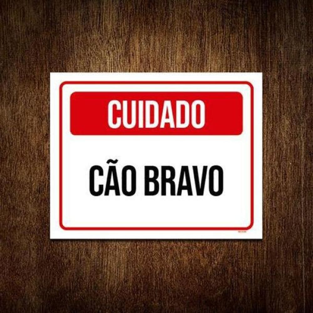 Placa Sinalização Vermelho Cuidado Cão Bravo 18X23