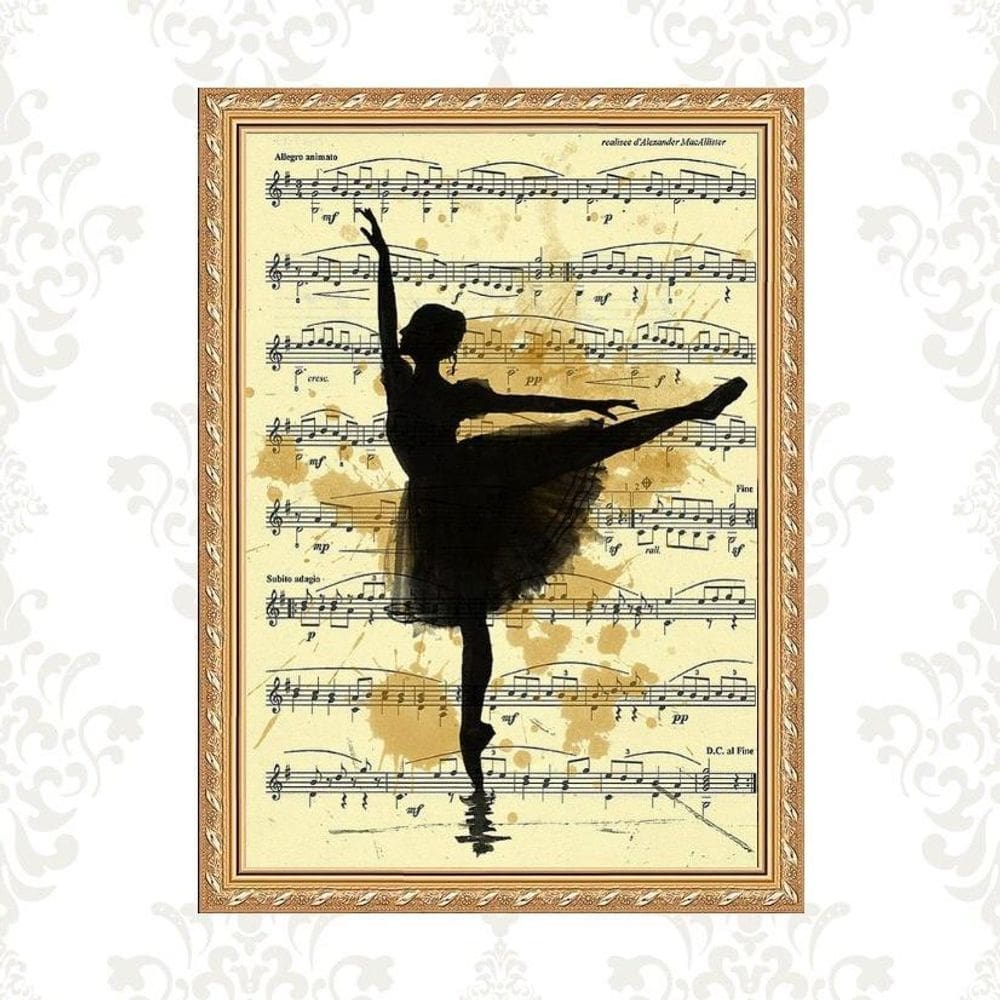 Quadro Moldura Dourada Bailarina Partitura 24X18Cm