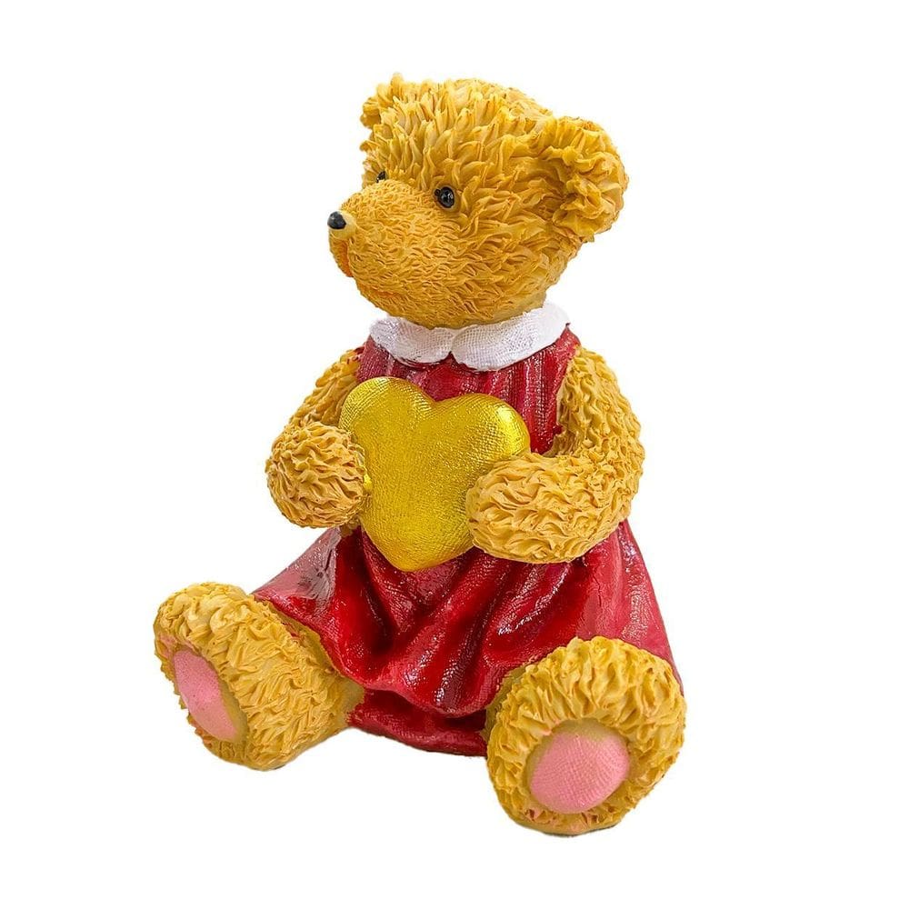 Escultura Urso Resina Menina Coração Sentado 13Cm