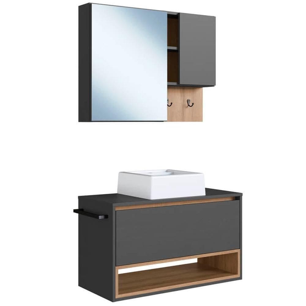 Conjunto Armario E Gabinete 80cm Com Cuba Mel Grafite Proddy Mel Grafite