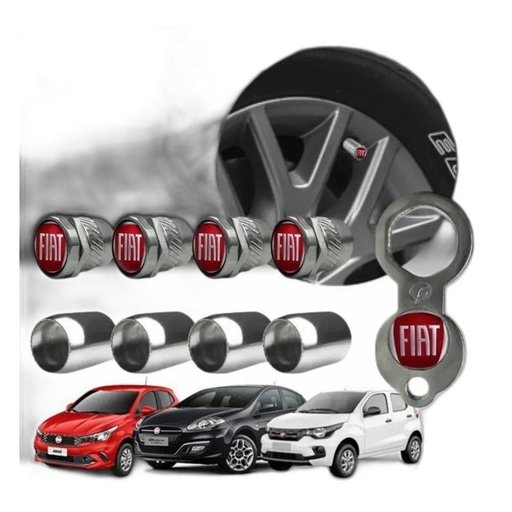Bico Pneu Cromado Roda Válvula Antifurto Fiat Vermelho Metal
