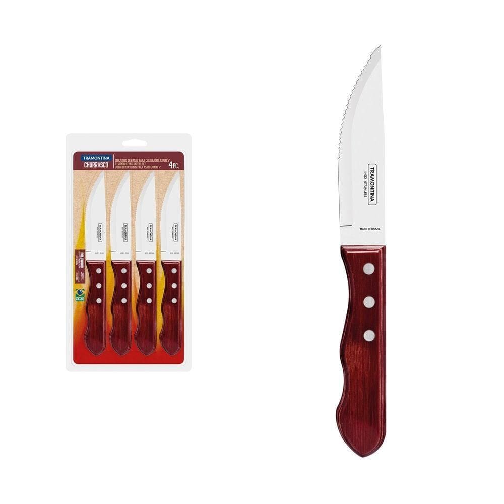Conjunto Facas Churrasco Jumbo Tramontina Aço Inox Cabo Vermelho Polywood 4 Peças Tramontina