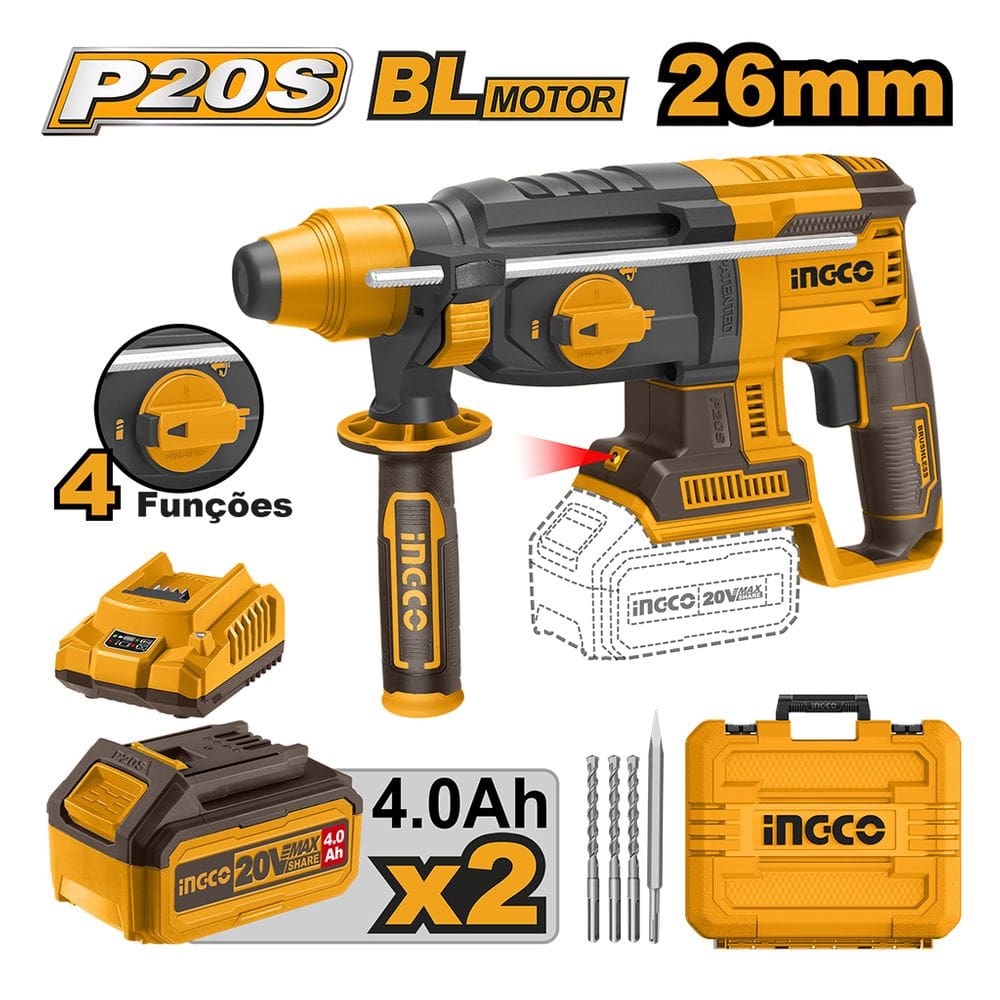Martelete SDS Plus 20V 2 Baterias 4ah + Maleta Crhli202287-9 Brushless - INGCO