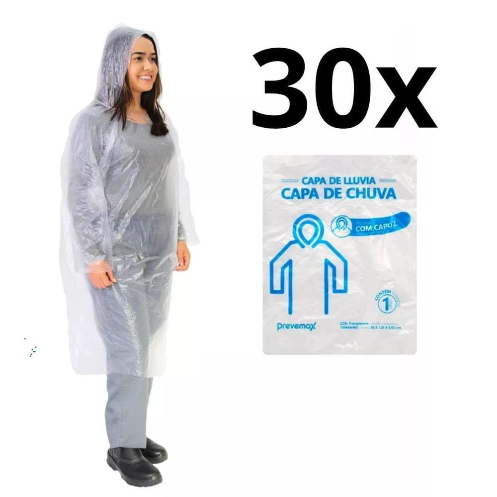 30 Capas De Chuva Descartavel Transparente Com Capuz Unissex