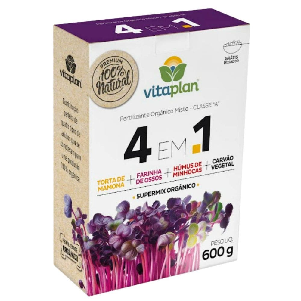 Adubo 4em1 Torta Farinha Humus Carvão (600g) VITAPLAN
