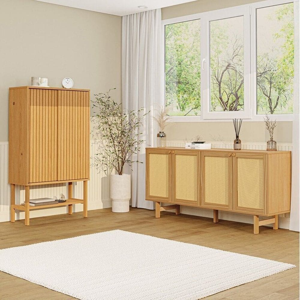 Kit Balcão 4 Portas Rattan com Cristaleira Porta Ripada Magna Cabecasa Madeiramadeira Mel