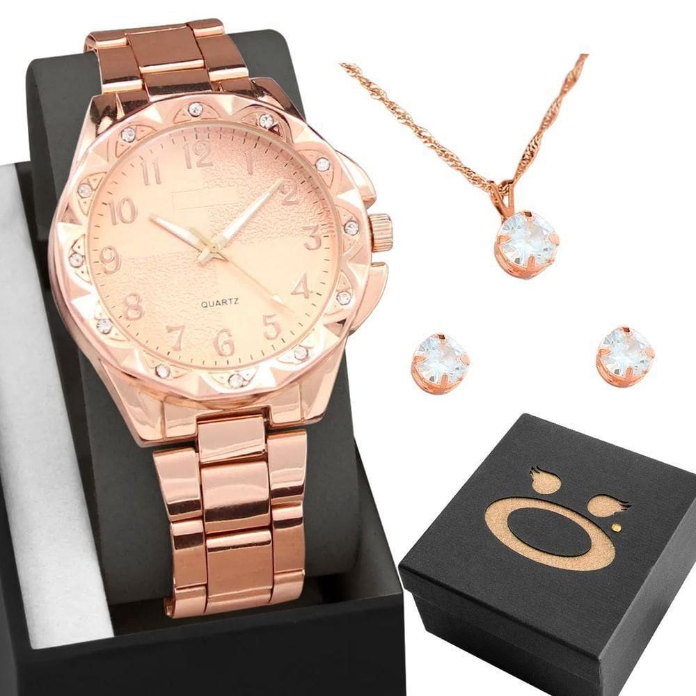 Relogio Aço Inox Rose Feminino + Brinco Strass Colar + Caixa