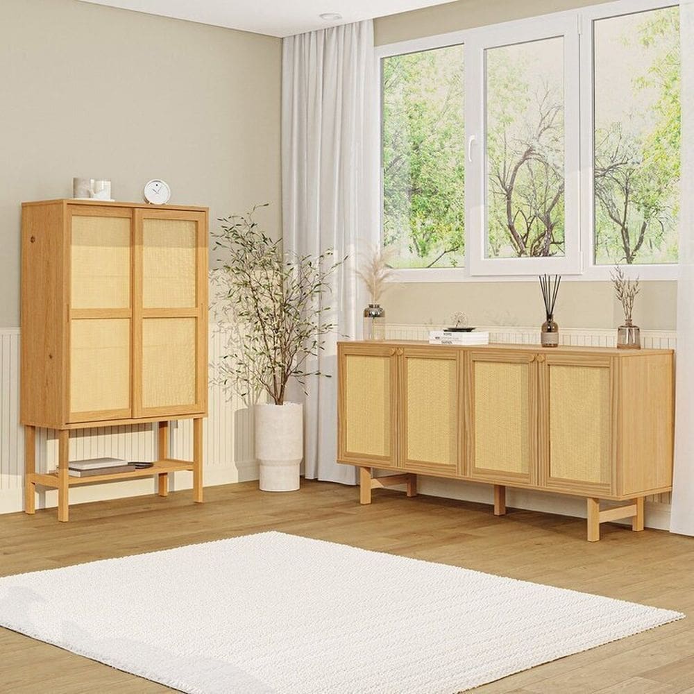Kit Balcão 4 Portas Rattan com Cristaleira Porta Rattan Magna Cabecasa Madeiramadeira Mel