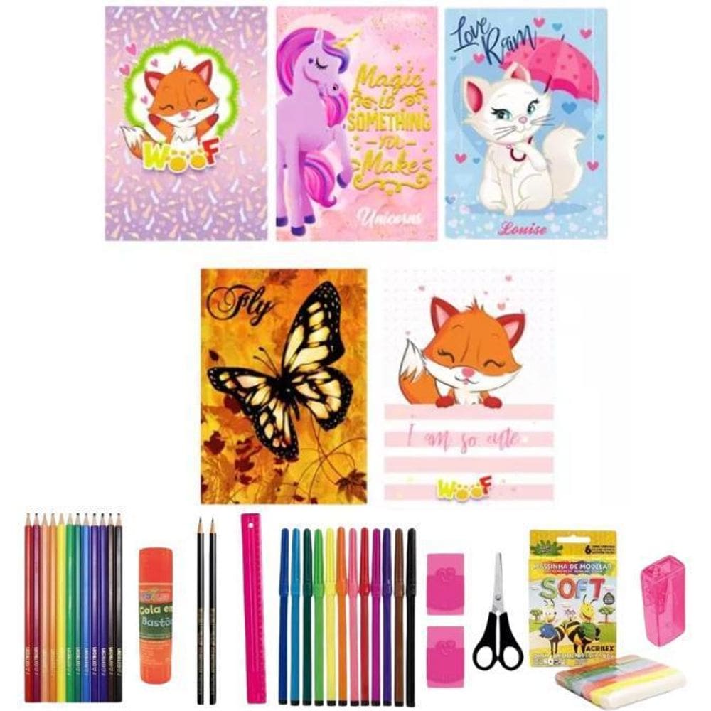 Kit 5 Caderno Grande Diferente 96 Fls Capa Dura Com 38 Itens