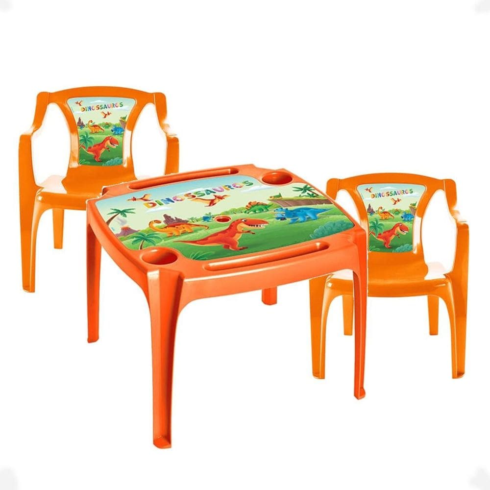 Kit Mesa Mesinha E 2 Cadeiras Laranja Infantil Dinossauros