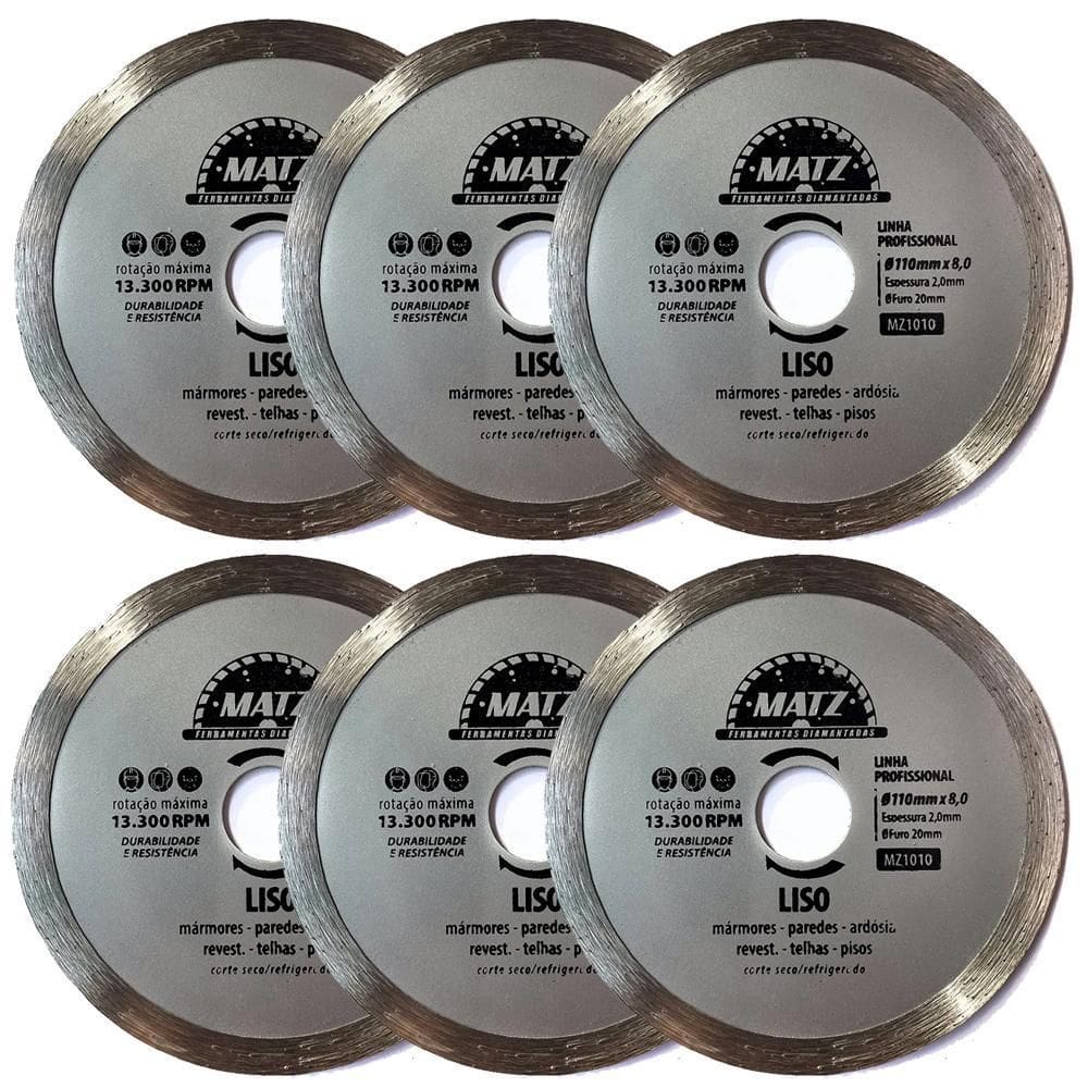Kit 6 Disco De Corte Diamantado Liso 8Mm 110Mm X 20Mm Matz