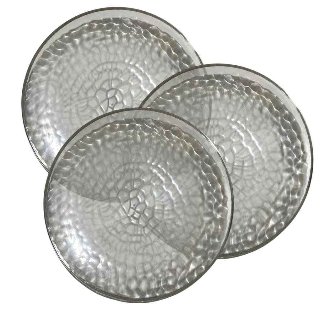 Kit 12 Pratos Redondo Acrílico Luxo Borda Prata 25Cm Festas