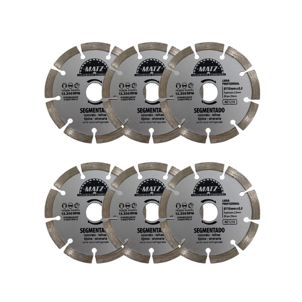 Kit 6 Disco De Corte Diamantado Segmentado 8Mm 110X20Mm Matz