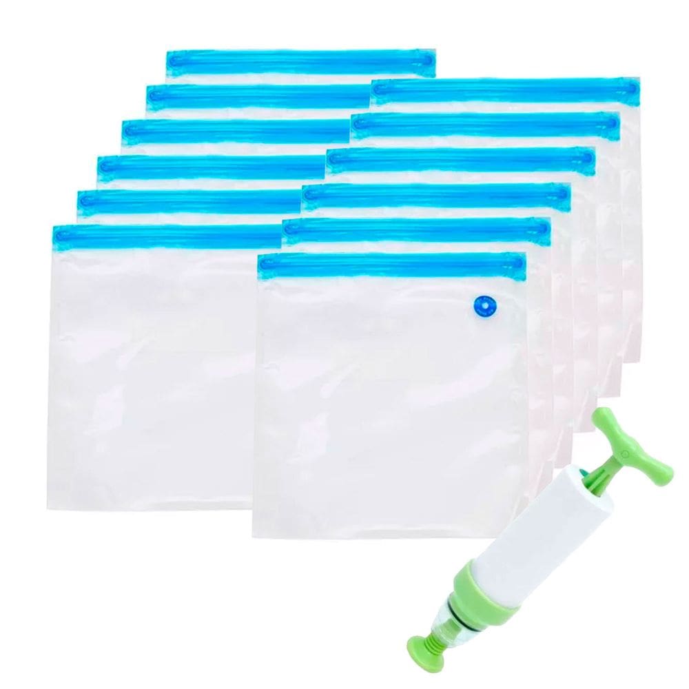 Kit 12 Sacos Herméticos a Vácuo Tamanho Médio 26x28cm Zip Duplo + Bomba de Sucção
