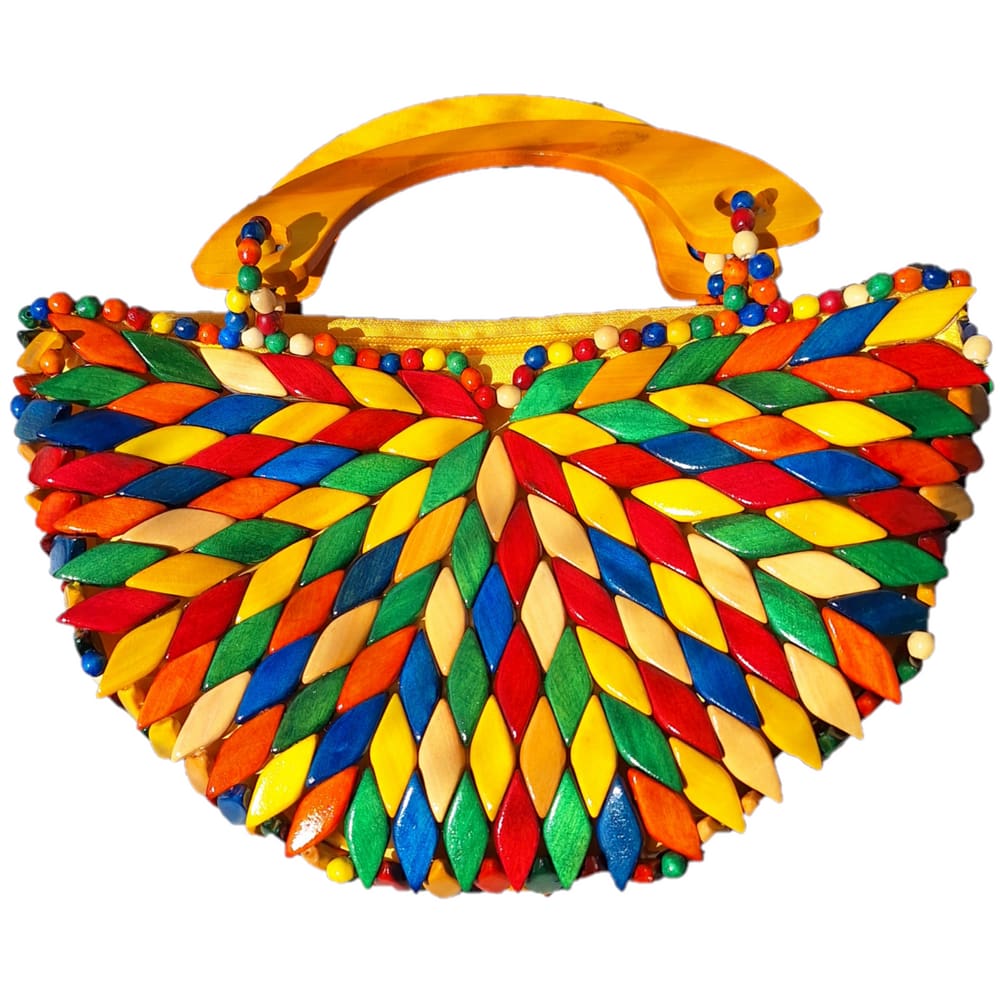 Bolsa Artesanal Peças Madeira Envernizada Colorida, Meia Lua