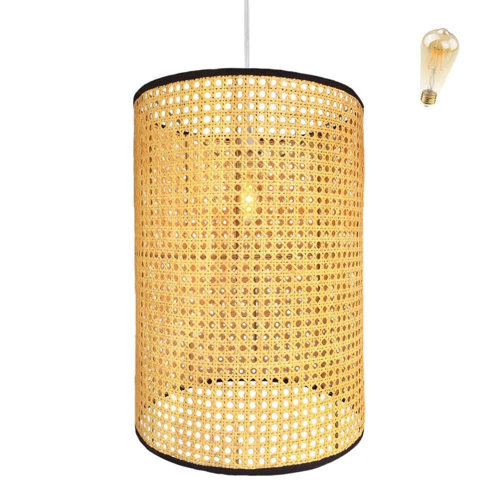 Pendente Fibra Natural 56X40 Palha Indiana Sala Nat85 + Led