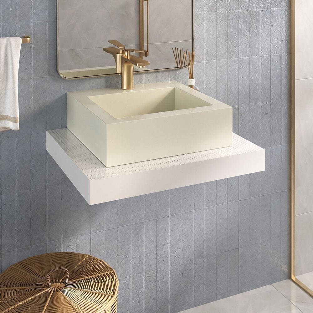 Bancada Yes 60cm com Vidro com Rasgo e Cuba Quadrado Biscuit Branco
