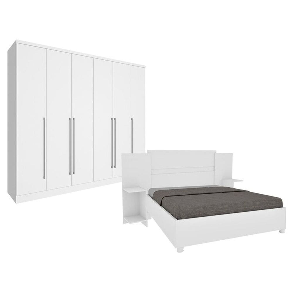 Quarto De Casal Guarda-Roupa 6 Portas Portugal E Cama Box Casal Monaco Queen Com Painel Espresso Móveis Neve