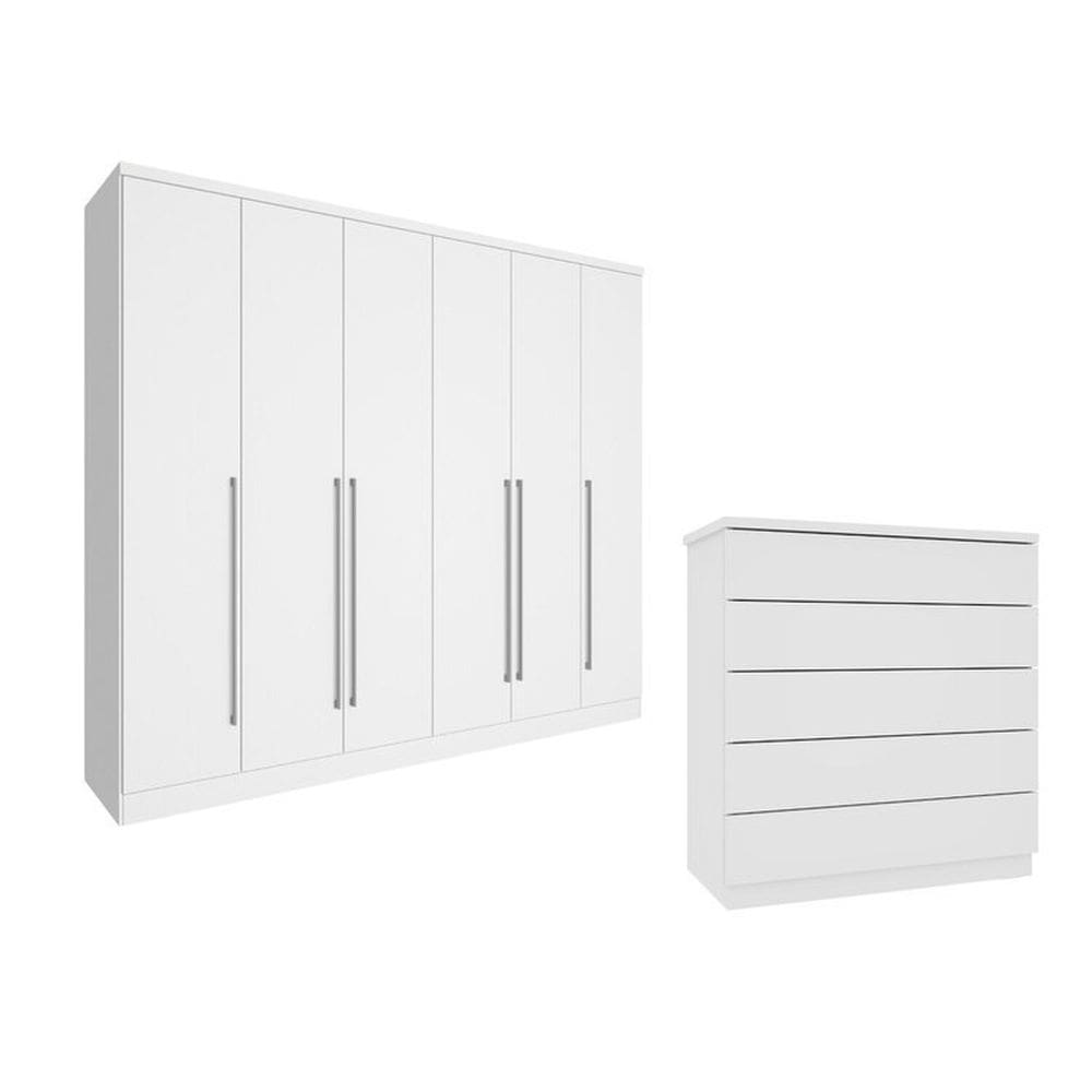 Guarda-Roupa 6 Portas Portugal E Cômoda 5 Gavetas Florença Espresso Móveis Branco/Neve