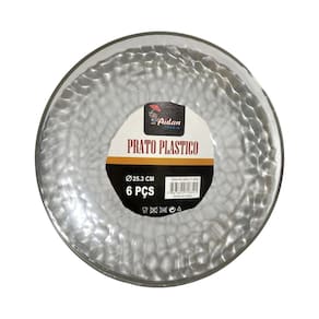 Kit 6 Pratos Jantar Redondo Acrílico Borda Prata 25Cm Festa
