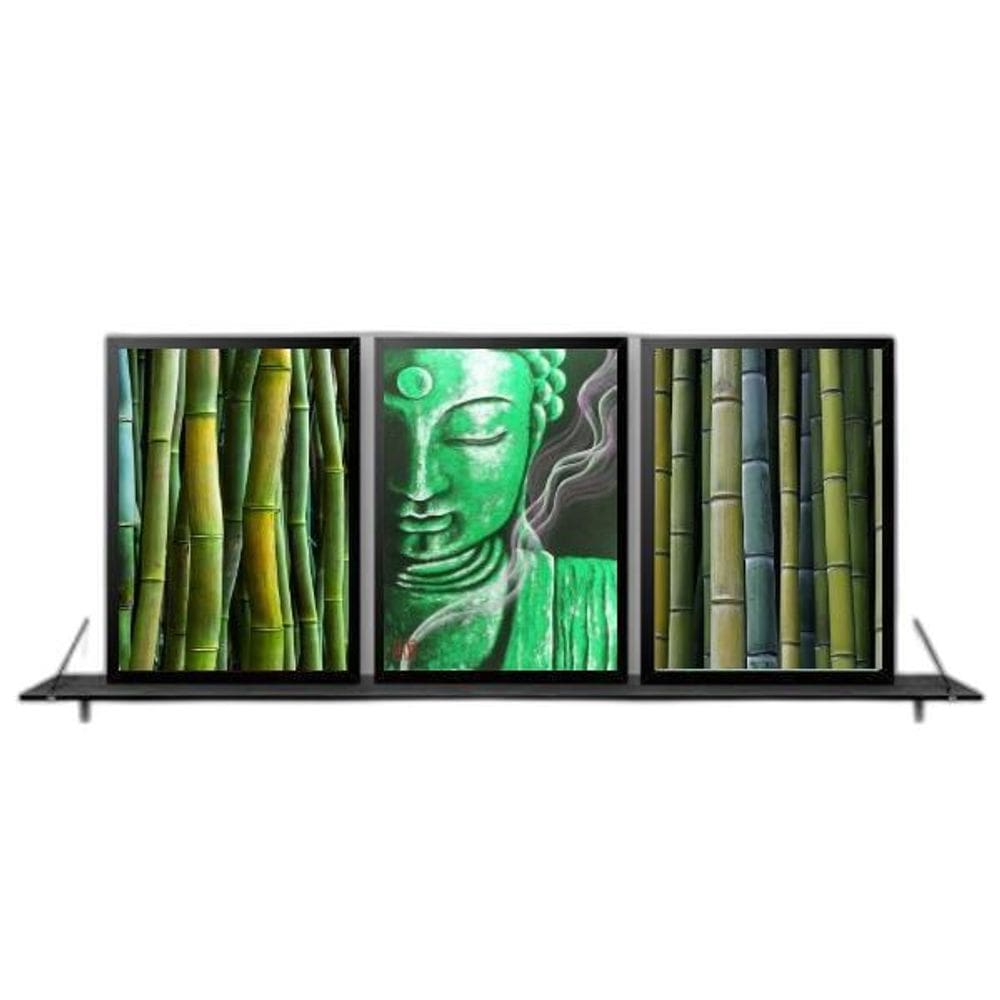Kit 3 Quadros Feng Shui Buda Bambu 45X34 C/Vidro - Preta