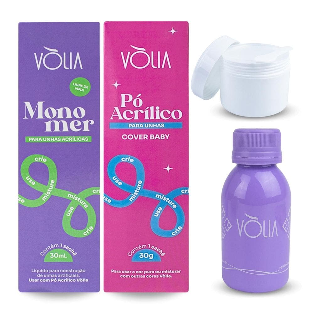 Kit Monomer 30Ml + Pó Cover Baby Vlia + Pote Gel + Frasco