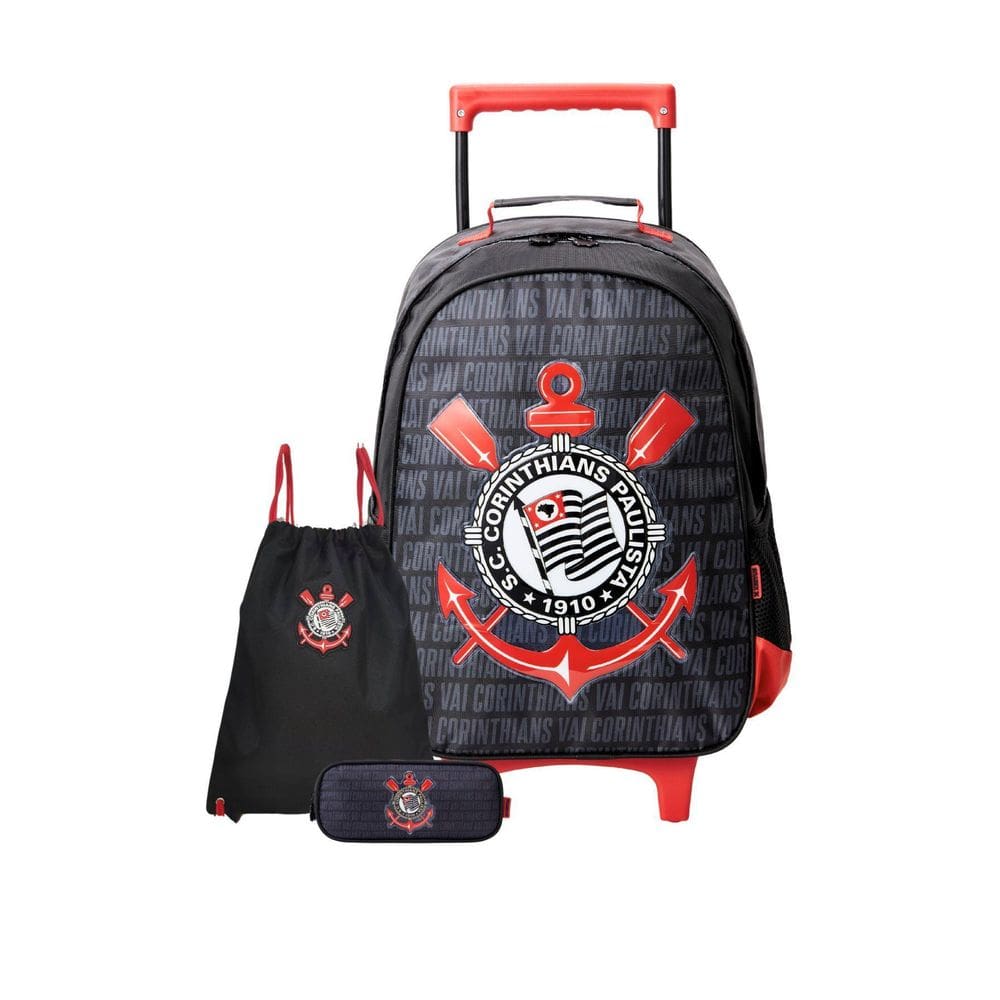 Kit Mochila De Rodinha+Estojo T+Mochila Saco Corinthians