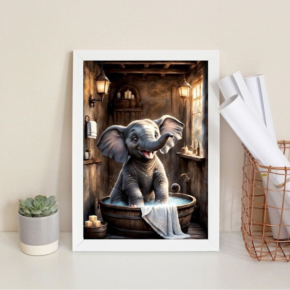 Quadro Banheiro Elefantinho Tomando Banho 33X24Cm