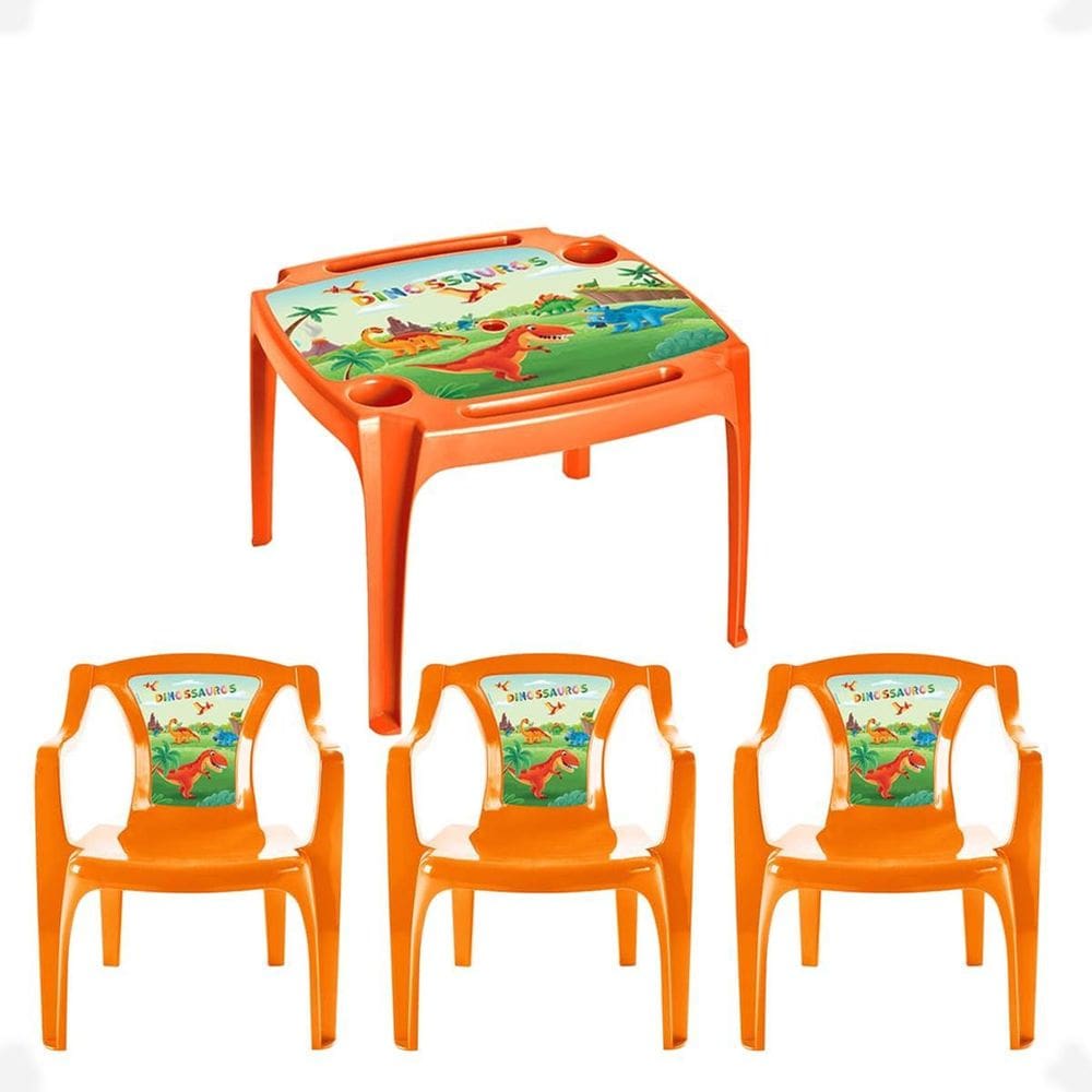 Kit Mesa Mesinha E 3 Cadeiras Laranja Infantil Dinossauros