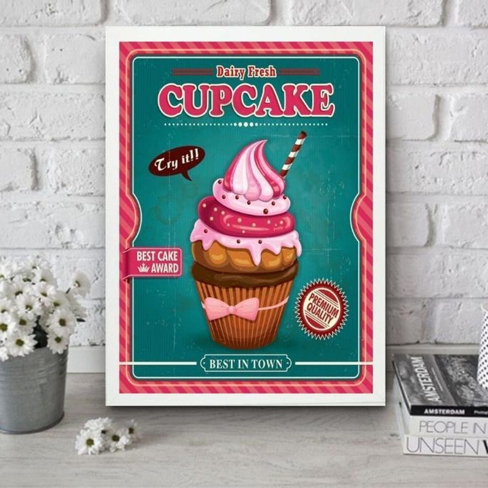 Quadro Cupcake - Rosa E Turquesa 33X24Cm - Com Vidro