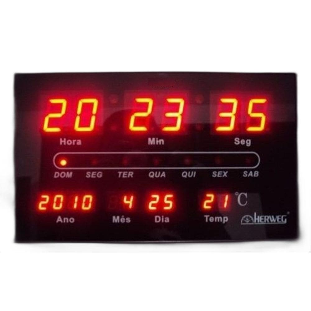 Relógio de Parede Digital 30x19 cm Led Vermelho Herweg
