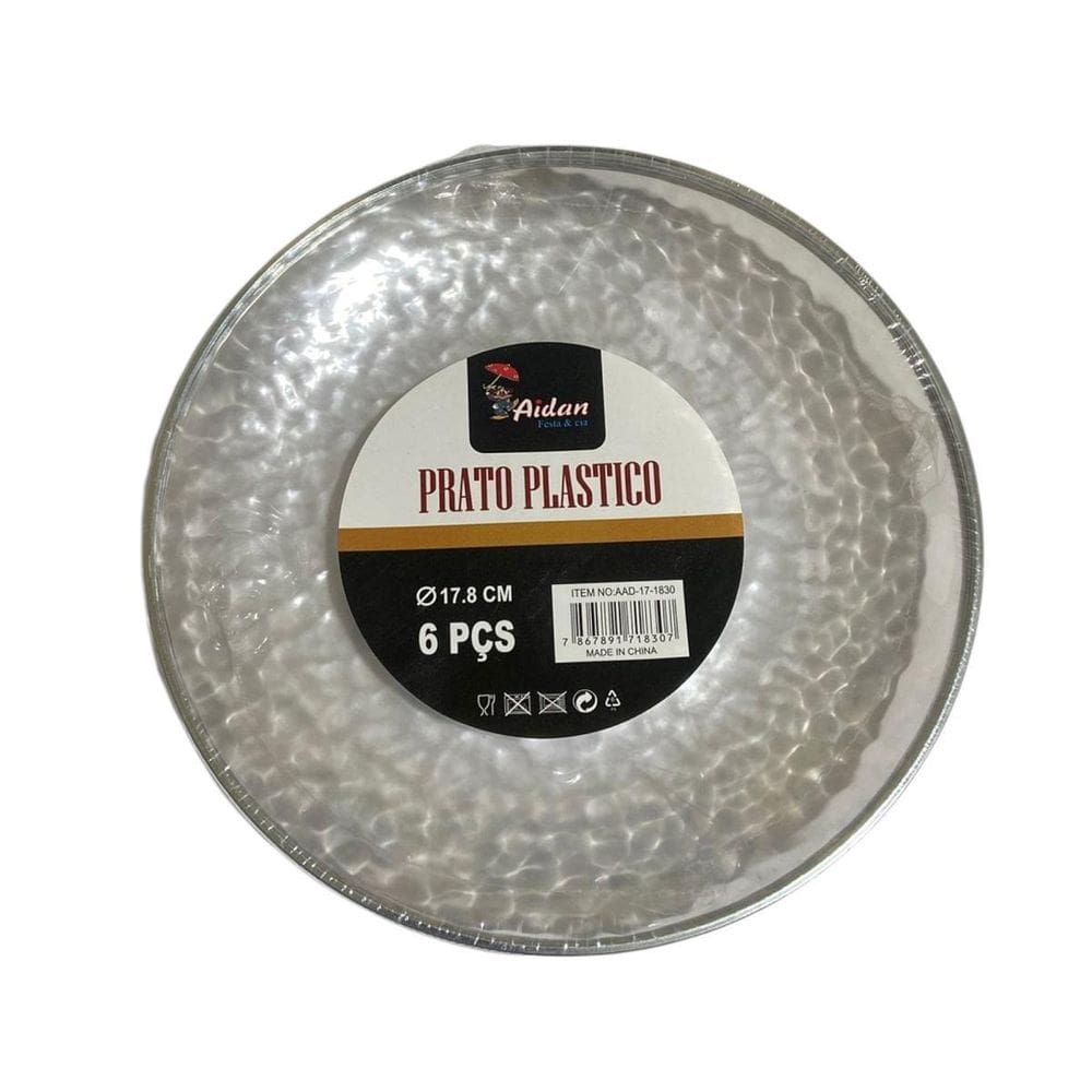 Kit 6 Pratos Sobremesa Acrílico Borda Prata 17Cm Natal