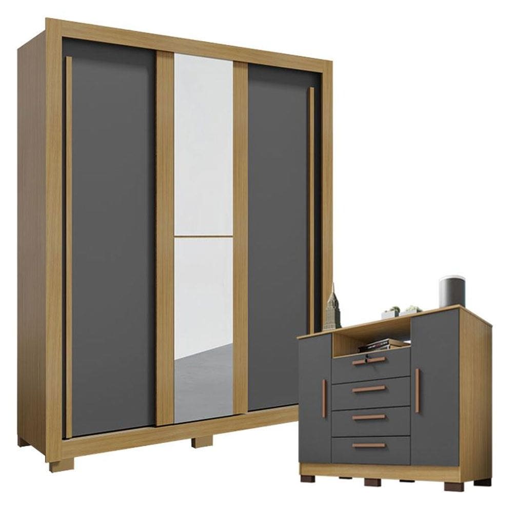 Guarda Roupa Solteiro Nevoa Flex 3 Portas de Correr com Espelho e Cômoda Madri 4 Gavetas 2 Portas Carvalho Americano Grafite- Incorplac