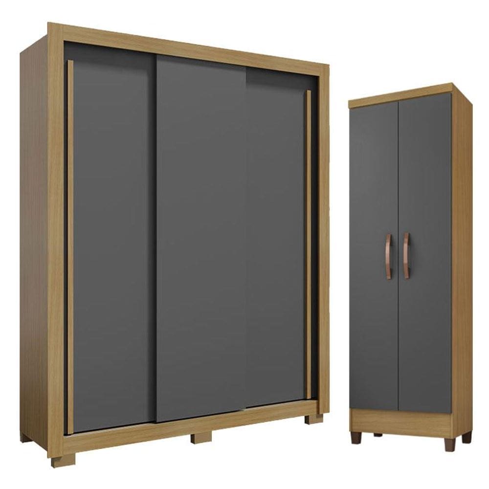 Guarda Roupa Solteiro Nevoa Flex 3 Portas de Correr e Armário Multiuso Egito Carvalho Americano Grafite - Incorplac
