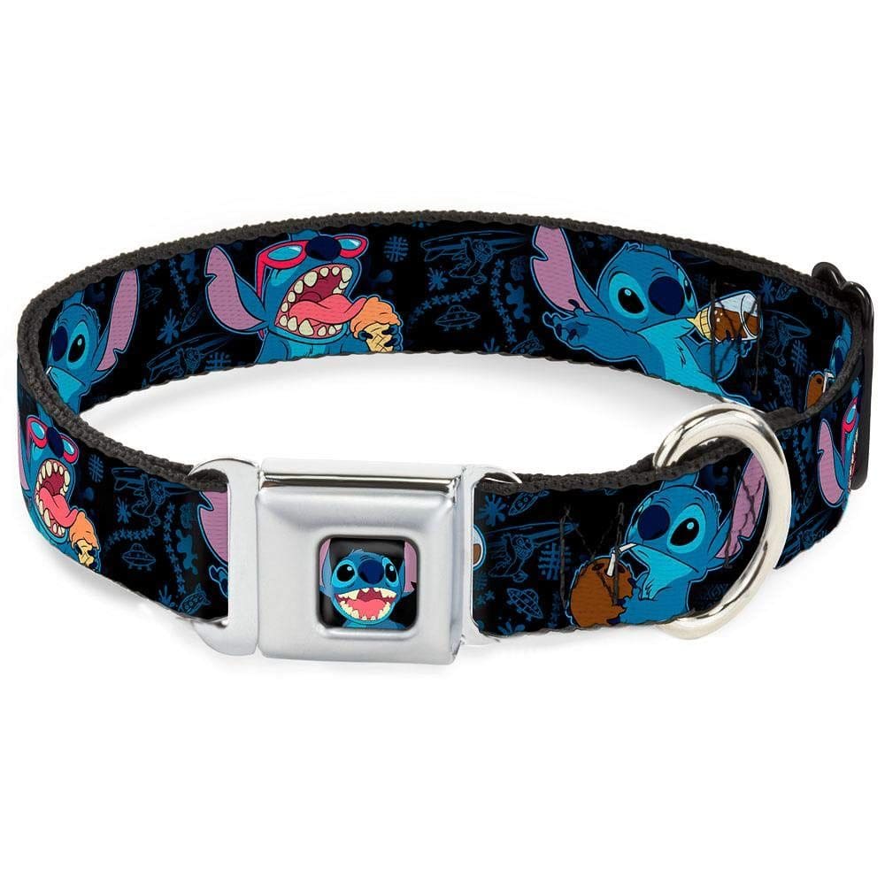 Coleira para cães, ponto de fivela, poses de lanche preta/azul, 1 cm