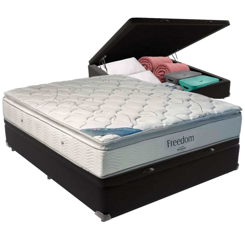Cama Box Baú Preto e Colchão Freedom Molas Ensacadas Casal Ortobom