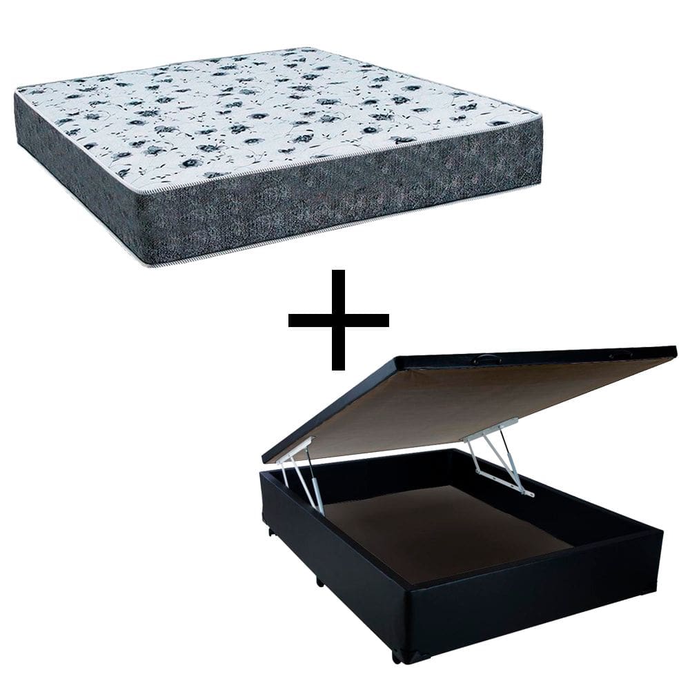 Cama Box Baú Viúva 128 Tecido Sintético Preto Com Colchão Alegro Bello Box Espuma D28 Cinza 58x128x188