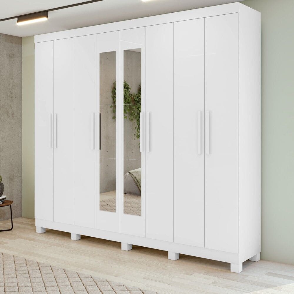Guarda-Roupa New Andara 8 Portas 4 Gavetas Com Espelho e Pés Móveis Lopas