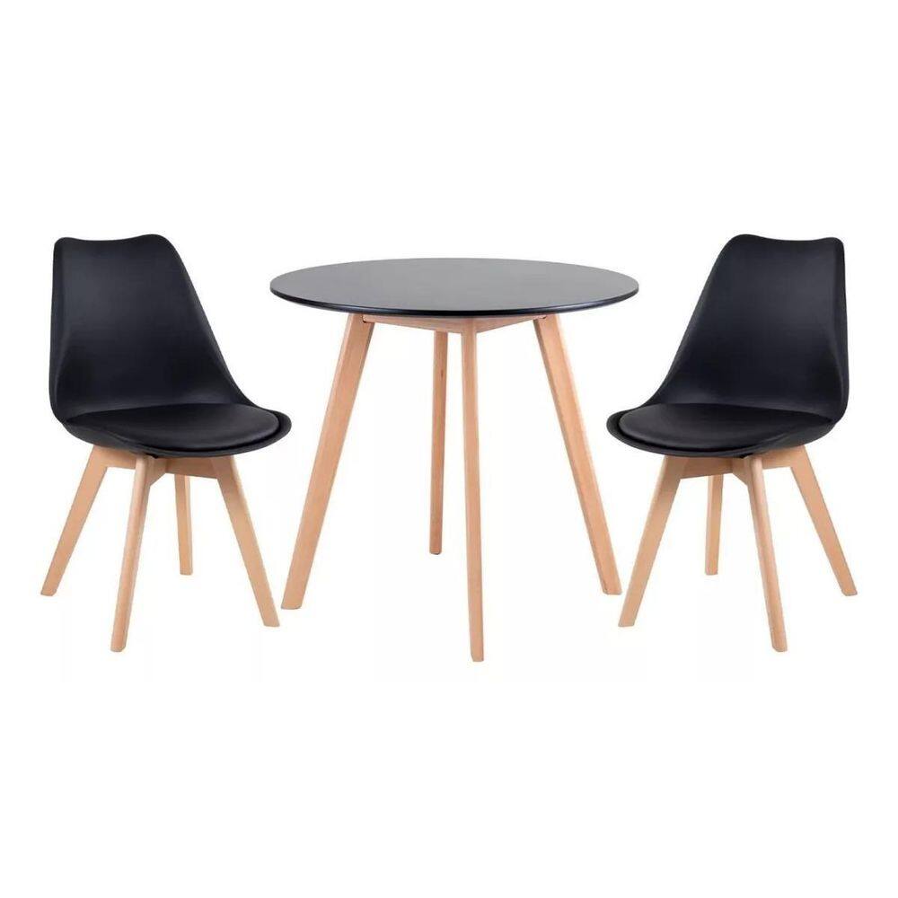 Kit Mesa Redonda Leda Eames 90 Cm Preto + 2 Cadeiras Eiffel