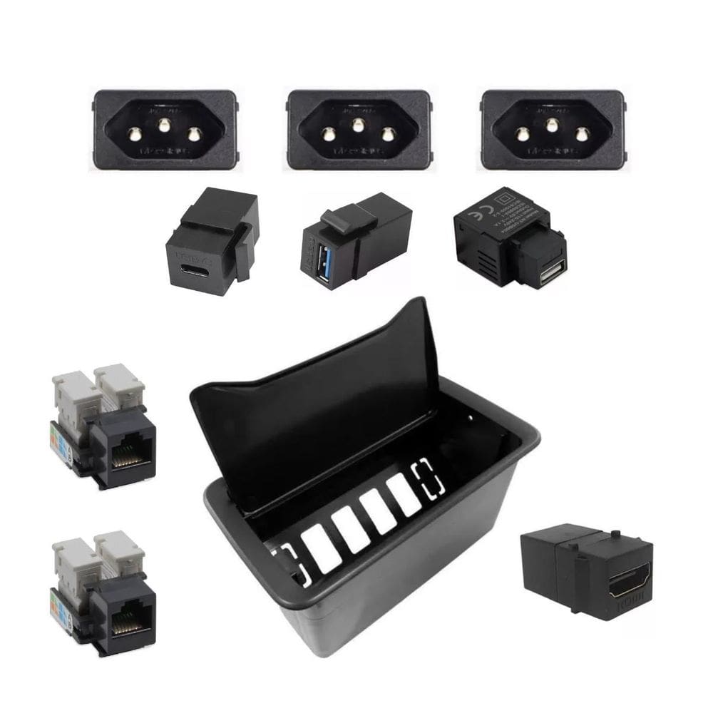 Caixa Embutir Mesa Móveis New 6 Slim 3 Tomadas Usb Hdmi Rj45
