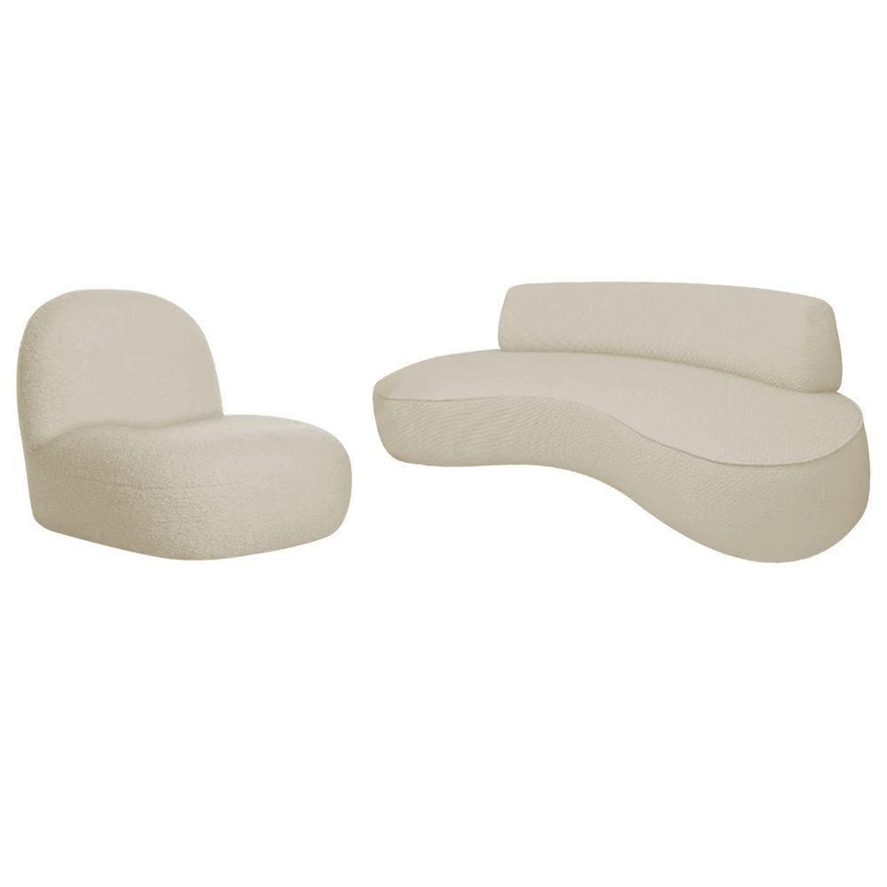 Sofá Curvo 180cm 3 Lugares E 1 Poltrona Amsterdã Bouclé Branco